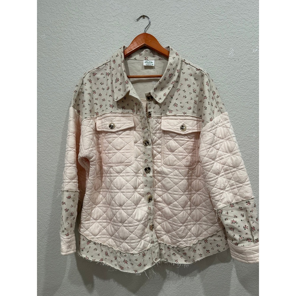 Newim Women Quilted Floral Shacket Pink Button Front Jacket NJ90413DG XL